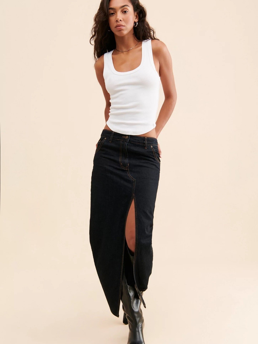 Lioness Black Denim Maxi Skirt With Front Slit